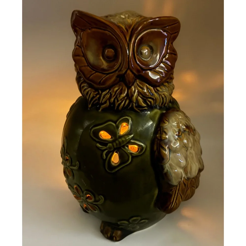 Vintage Owl Ceramic Candle Holder 9.5in Green Brown Butterfly Flower Luminary